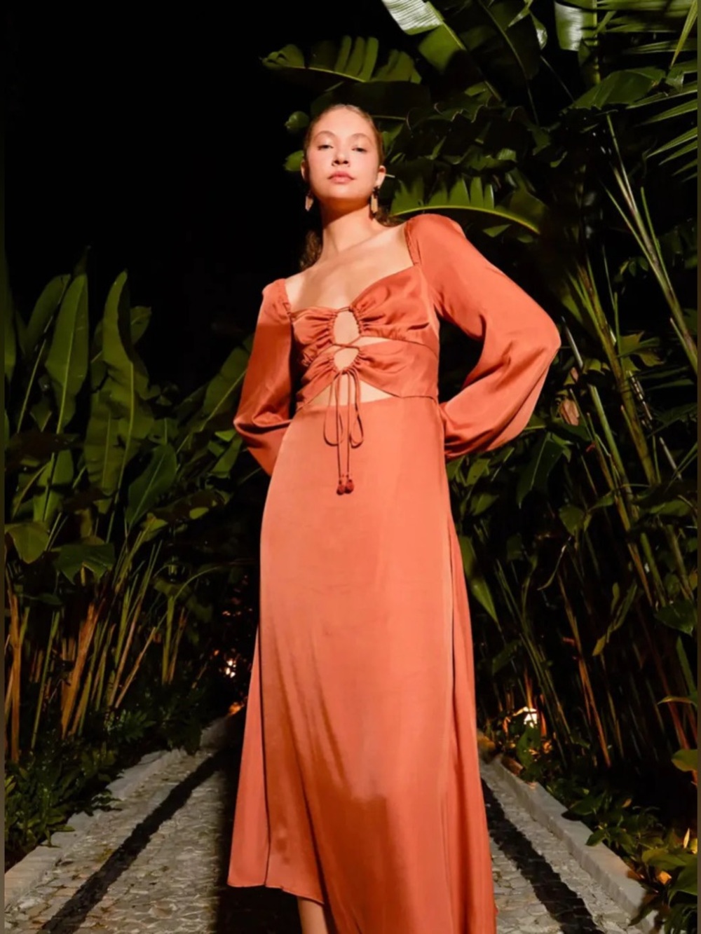 Farm Rio Caramel Cutout Front-Tie Satin Midi Dress